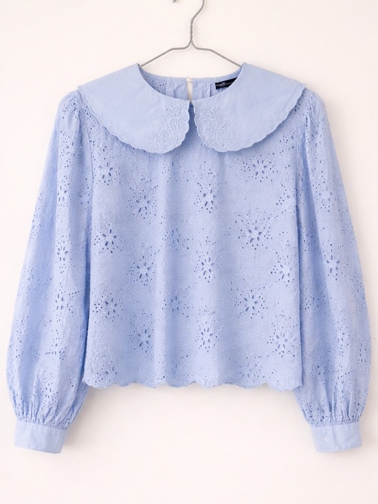 Blue Eyelet Cotton Blouse Peter Pan Collar Cottage Core Medium - Picture 3 of 7